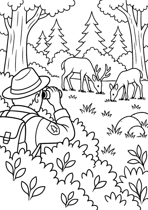 Guardabosques con Prismáticos Observando Ciervos para Colorear – dibujo para colorear e imprimir
