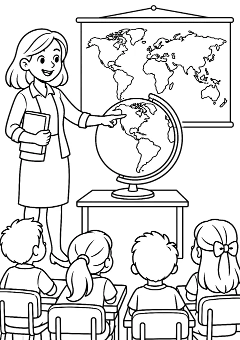 Lehrer im Klassenzimmer mit Globus als Malvorlage – Ausmalbild zum Ausdrucken