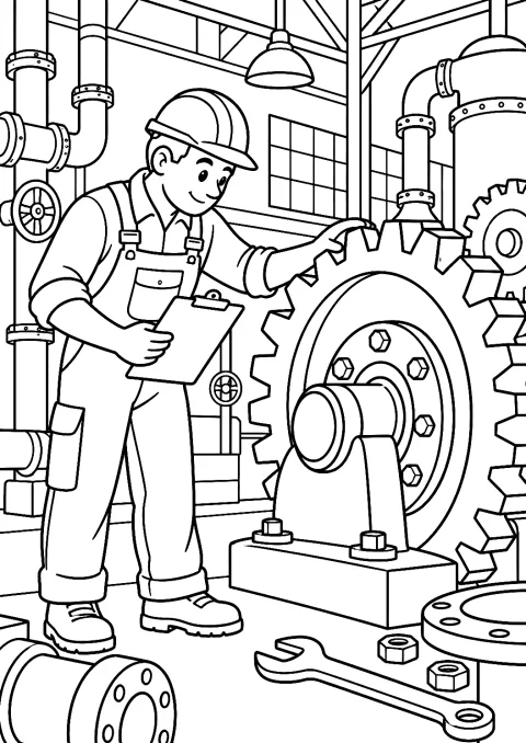 Maschinenbauingenieur in der Fabrikhalle als Malvorlage – Ausmalbild zum Ausdrucken