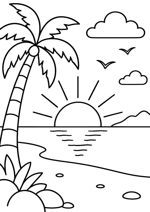 Sonnenuntergang als Malvorlage – Ausmalbild zum Ausdrucken