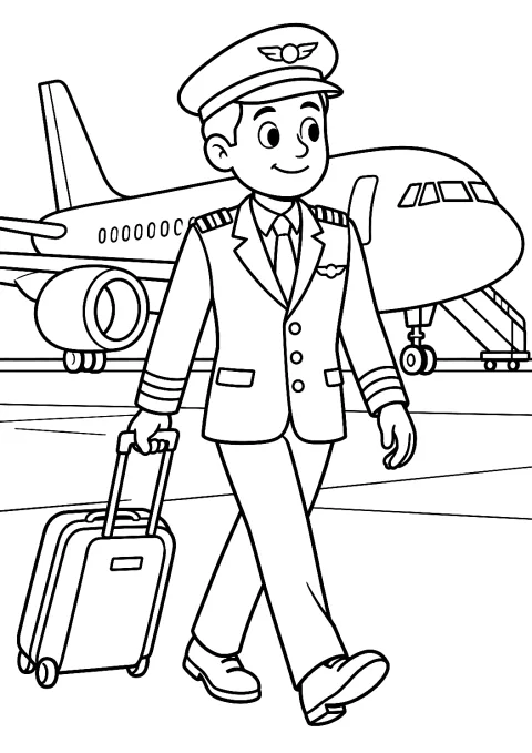 Pilot with Suitcase at the Airport Coloring Page – printable coloring page