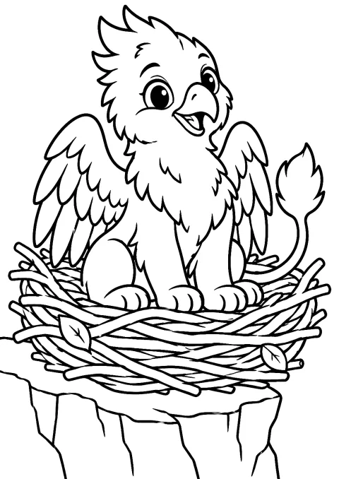 Cucciolo di grifone nel nido da colorare – disegno da colorare da stampare