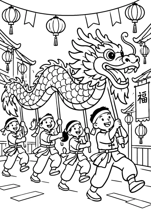 Danza del dragón en la calle para colorear – dibujo para colorear e imprimir