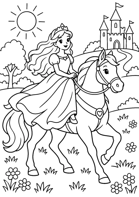 Prinsessa rider på en häst som målarbild – målarbild att skriva ut