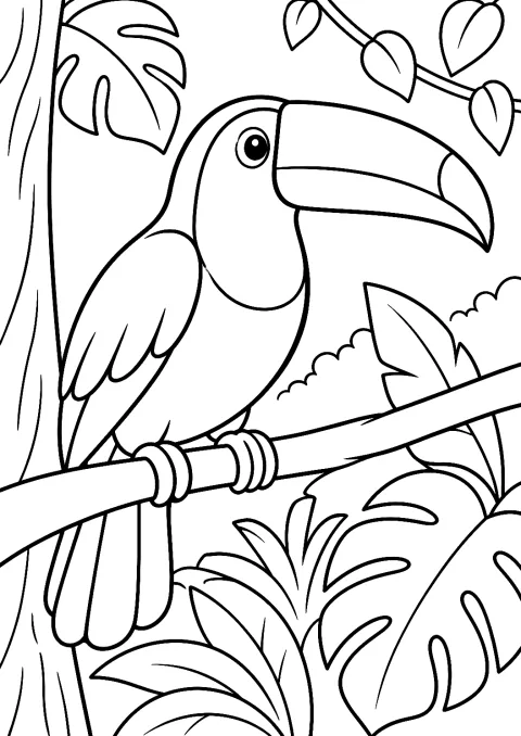 Toucan dans la Forêt Tropicale à Colorier – coloriage à imprimer