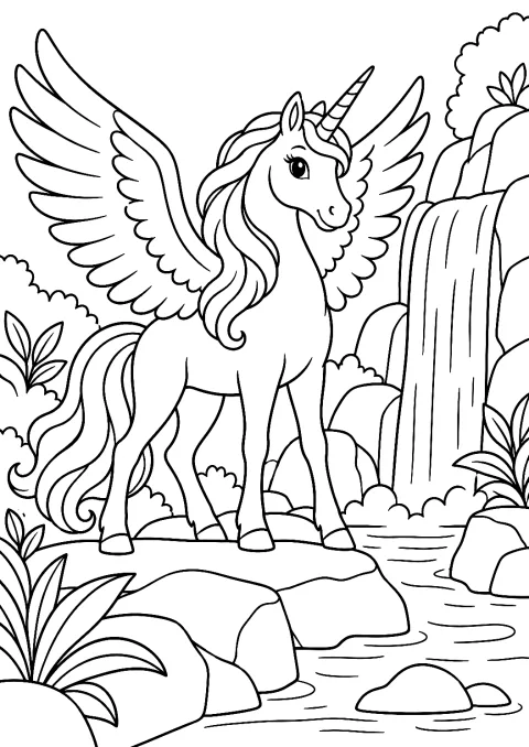 Geflügeltes Einhorn am Wasserfall als Malvorlage – Ausmalbild zum Ausdrucken