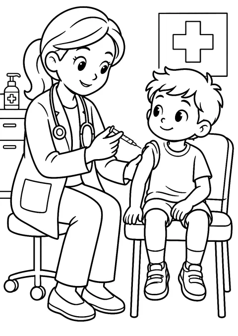 子どもに注射をする女医のぬりえ – 印刷用ぬりえ