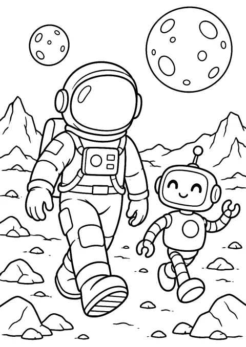 Astronaut mit Roboter auf einem fremden Planeten als Malvorlage – Ausmalbild zum Ausdrucken