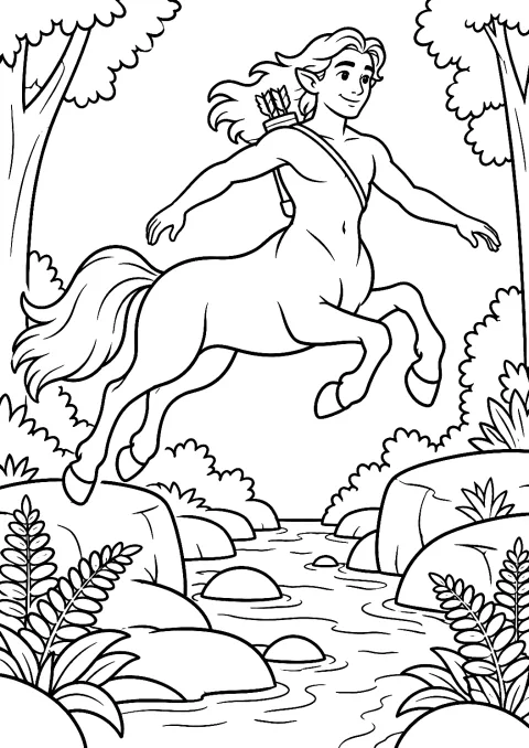 Kentaur ugrás közben egy patak felett kifestőként – nyomtatható kifestő