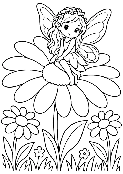 Blomsterfe på en tusindfryd som malebillede – malebog til udskrivning