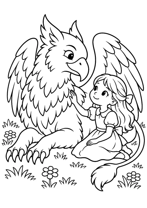 Griffin and Little Girl Coloring Page – printable coloring page
