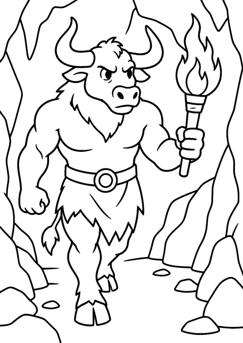 Minotaurus mit Fackel in dunkler Höhle als Malvorlage – Ausmalbild zum Ausdrucken