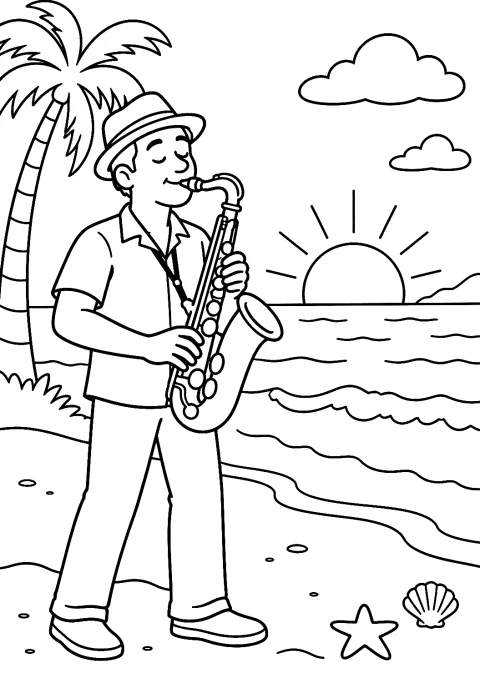 Saxofonista na koncertu při západu slunce na pláži jako omalovánka – omalovánka k vytisknutí