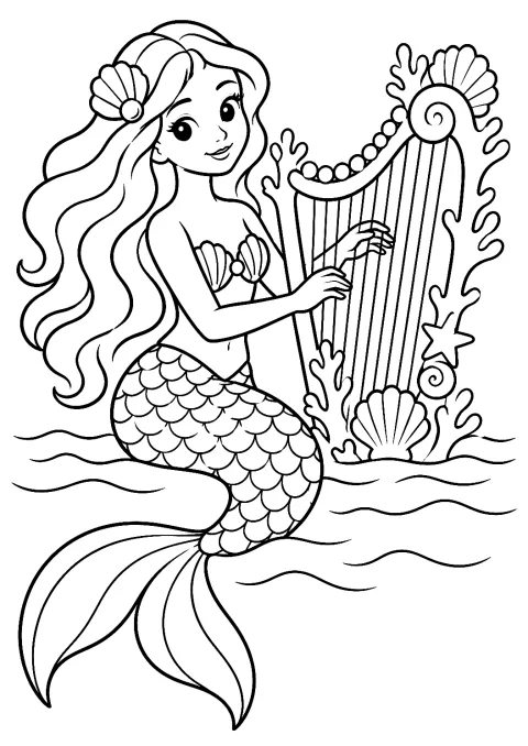 Sirène jouant de la harpe dans la mer à colorier – coloriage à imprimer