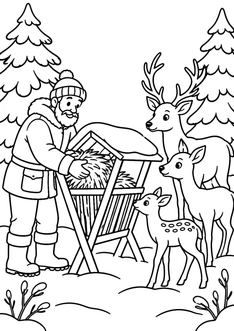 Guardabosques Alimentando a los Animales Salvajes en Invierno para Colorear – dibujo para colorear e imprimir
