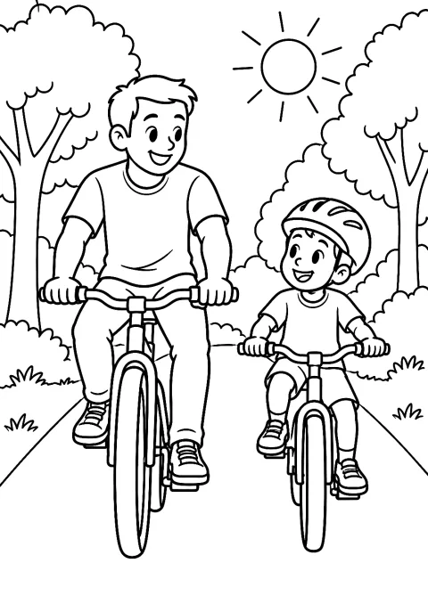 Far og barn på cykeltur – malebogsside – malebog til udskrivning