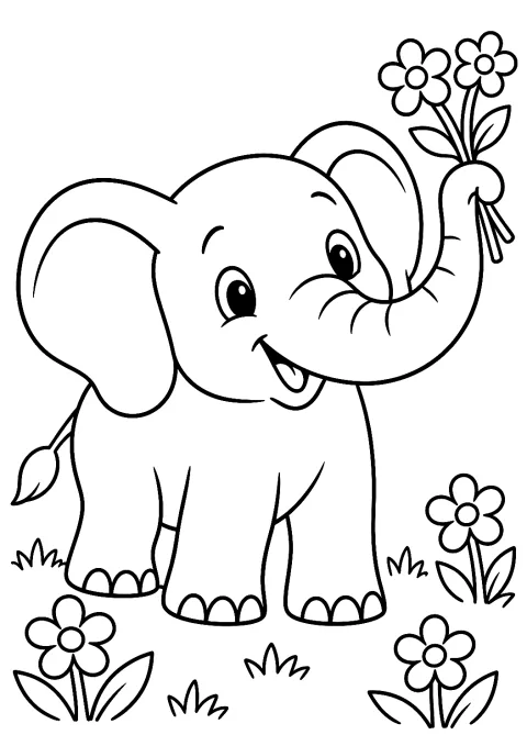 Éléphant avec des Fleurs à Colorier – coloriage à imprimer