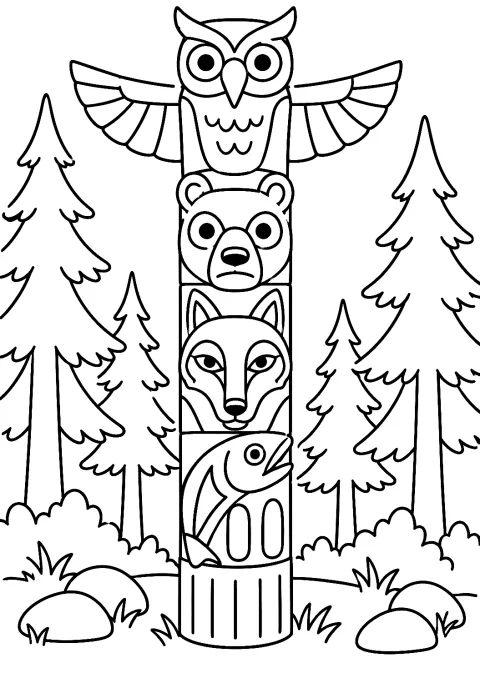 Totem nel bosco da colorare – disegno da colorare da stampare