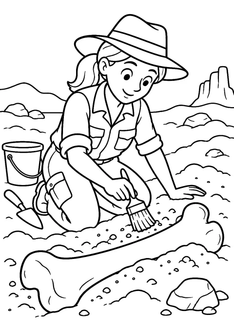 Paleontóloga excavando huesos de dinosaurio para colorear – dibujo para colorear e imprimir
