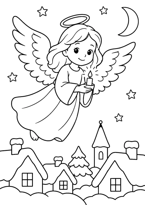 Angel with Wings over the Rooftops Coloring Page – printable coloring page