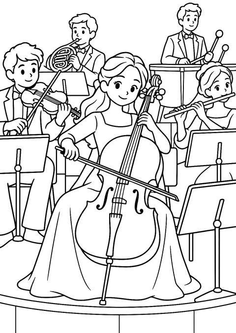 Cellist i orkestergraven som tegning til farvelægning – malebog til udskrivning
