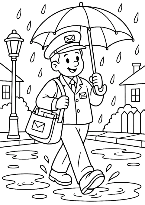 Postbote im Regen mit Regenschirm als Malvorlage – Ausmalbild zum Ausdrucken