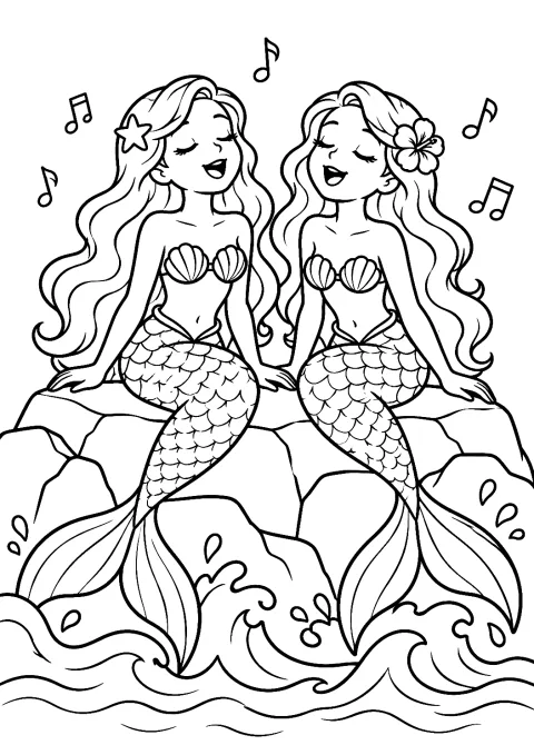 Duas Sereias a Cantar Juntas para Colorir – desenho para colorir para imprimir