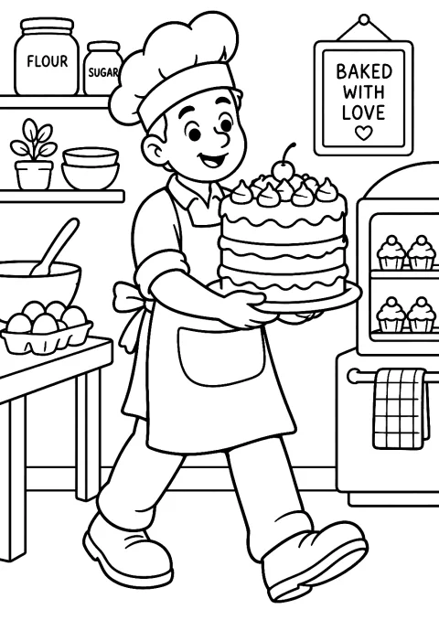 Baker Carrying a Cake Coloring Page – printable coloring page