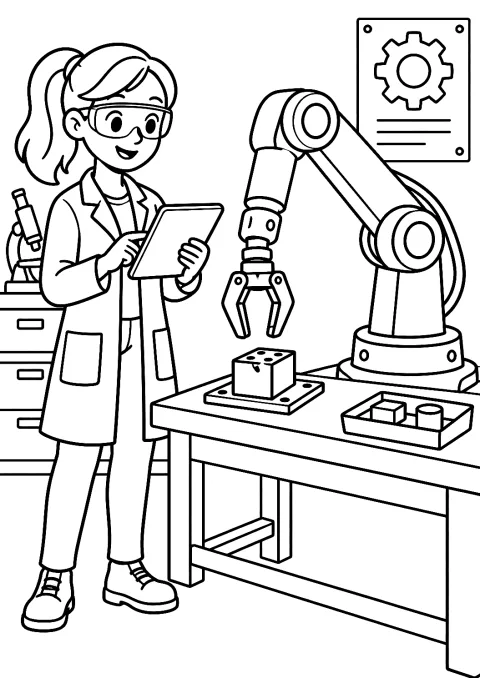 Ingenieurin programmiert einen Roboterarm im Labor als Malvorlage – Ausmalbild zum Ausdrucken