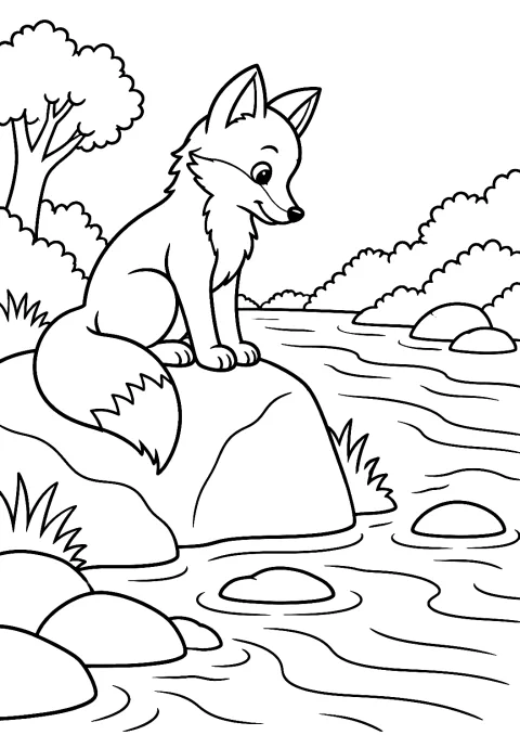 Fuchs sitzt auf einem Felsen am Fluss als Malvorlage – Ausmalbild zum Ausdrucken