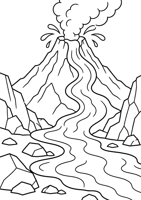 溶岩が流れる火山のぬりえ – 印刷用ぬりえ