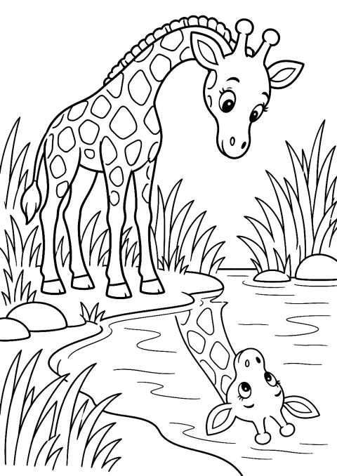 Giraffe Reflects in the River Coloring Page – printable coloring page