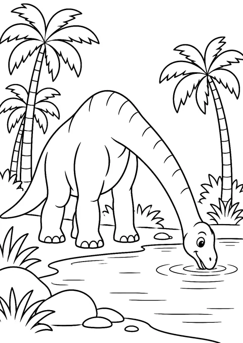 Brachiosaurus vesilammikolla värityskuvana – tulostettava värityskuva