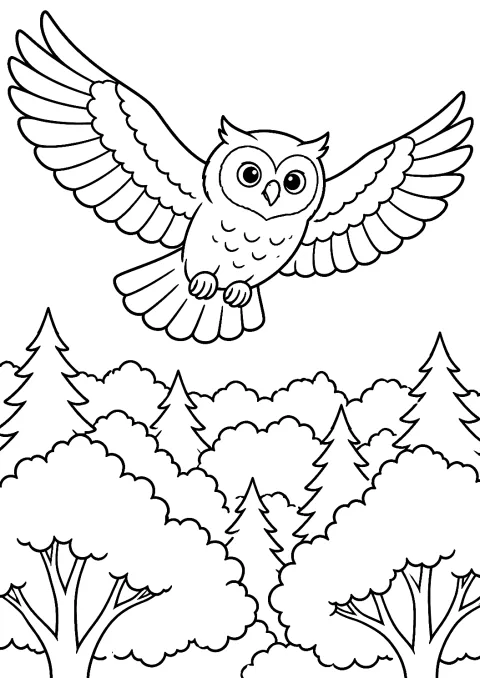 Chouette survolant la forêt à colorier – coloriage à imprimer