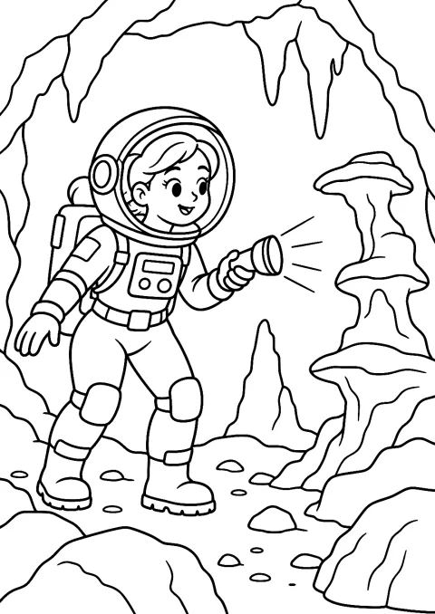 Astronautin erforscht eine Höhle auf dem Mars als Malvorlage – Ausmalbild zum Ausdrucken