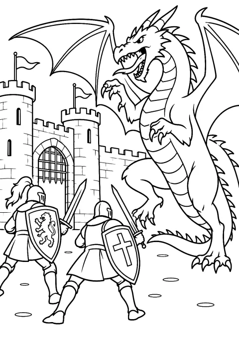 Dragon Battling Knights Coloring Page – printable coloring page