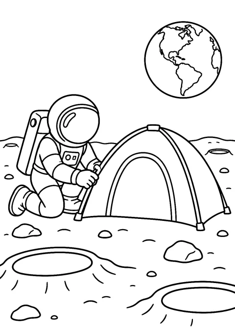 Astronot Ay'da çadır kuruyor boyama sayfası – yazdırılabilir boyama sayfası