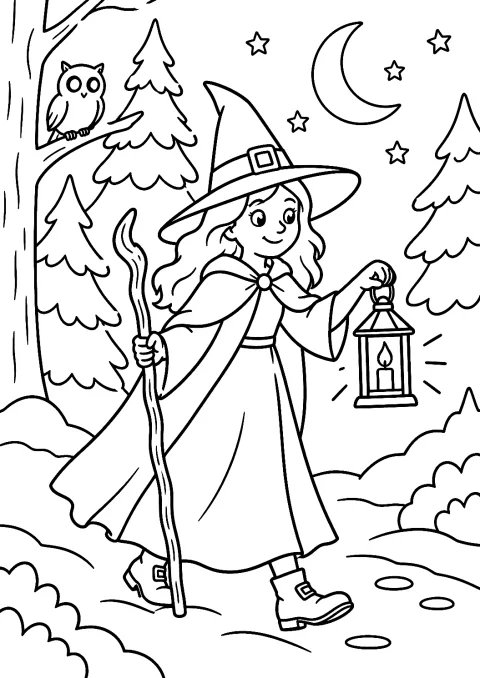 Hexe im Winterwald mit Laterne als Malvorlage – Ausmalbild zum Ausdrucken