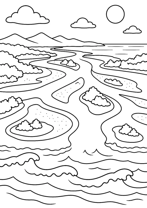 Flodmunding ved havet som tegneark – malebog til udskrivning