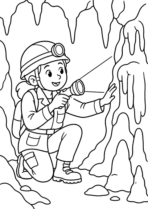 Wissenschaftler beim Erforschen einer Höhle mit Taschenlampe als Malvorlage – Ausmalbild zum Ausdrucken