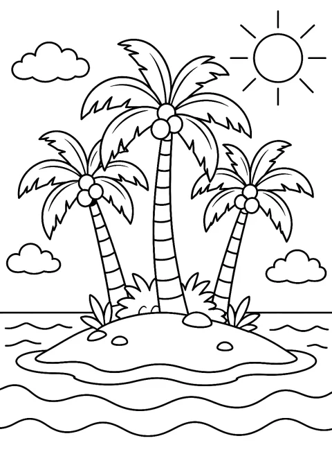 Île avec des palmiers dans la mer à colorier – coloriage à imprimer