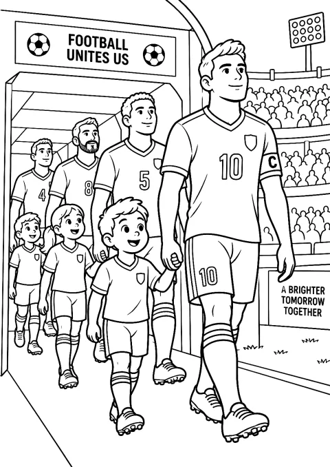 Fußballmannschaft beim Einlaufen ins Stadion als Malvorlage – Ausmalbild zum Ausdrucken