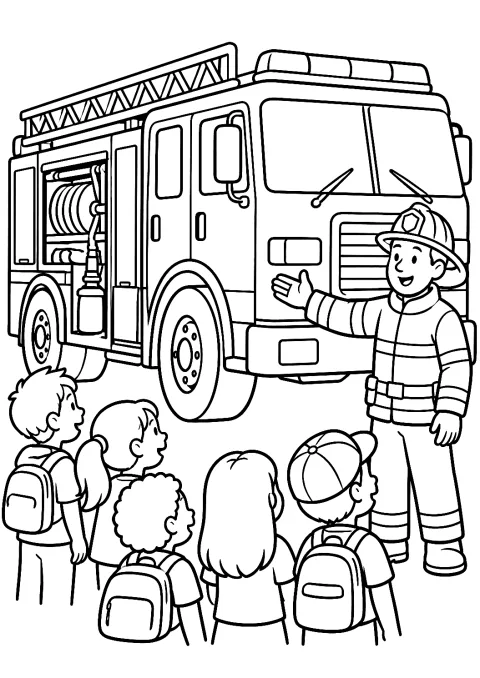 Kinder besuchen die Feuerwache als Malvorlage – Ausmalbild zum Ausdrucken
