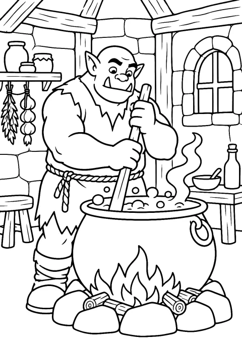 Ork beim Kochen am Kessel als Malvorlage – Ausmalbild zum Ausdrucken