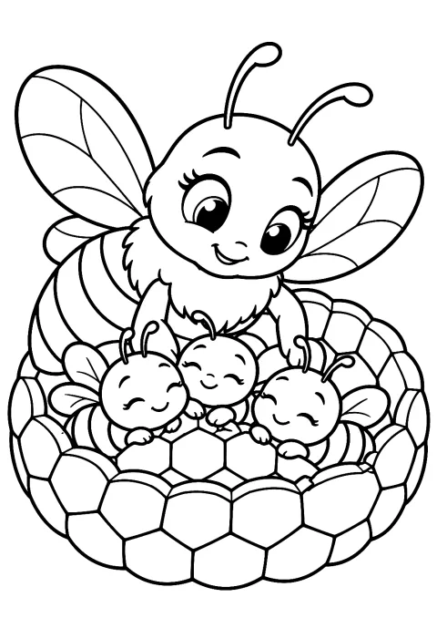 Biene mit Baby-Bienen im Nest als Malvorlage – Ausmalbild zum Ausdrucken