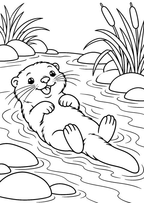 Otter spielt im Flusswasser als Malvorlage – Ausmalbild zum Ausdrucken