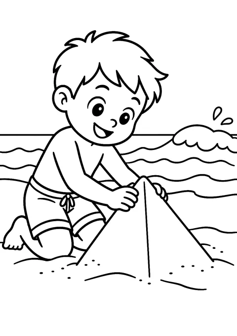 Kleine piramide van zand op het strand als kleurplaat – kleurplaat om af te drukken