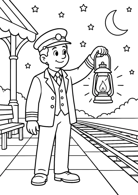 Capotreno con Lanterna sulla Banchina Notturna da Colorare – disegno da colorare da stampare