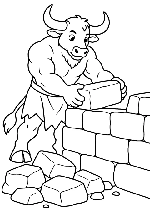 Minotaurus baut eine Mauer als Malvorlage – Ausmalbild zum Ausdrucken