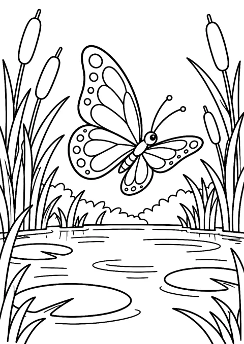 Schmetterling schwebt über einem Teich als Malvorlage – Ausmalbild zum Ausdrucken